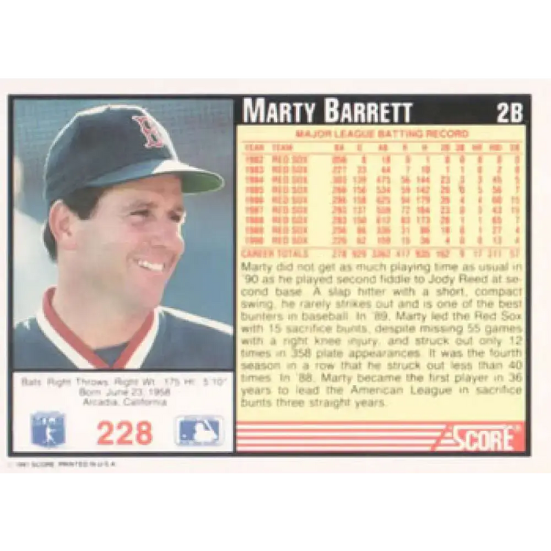 1991 Score #228 Marty Barrett NM-MT Boston Red Sox Baseball Card - Baseball Card Single