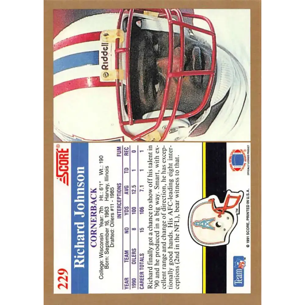 1991 Score #229 Richard Johnson EX Excellent RC Rookie Houston Oilers Football Card - Football Card Single