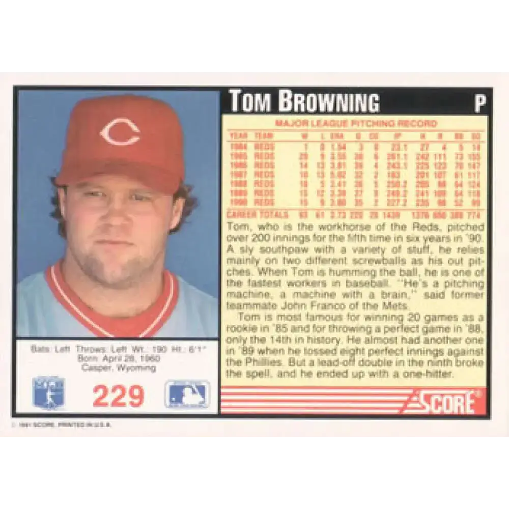 1991 Score #229 Tom Browning NM-MT Cincinnati Reds Baseball Card - Baseball Card Single