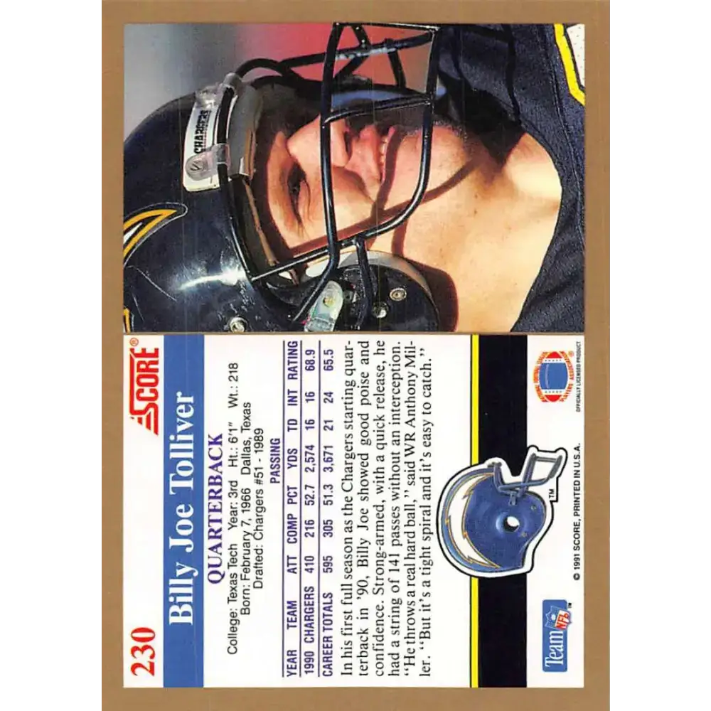 1991 Score #230 Billy Joe Tolliver EX Excellent San Diego Chargers Football Card - Football Card Single