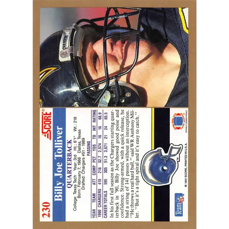 1991 Score #230 Billy Joe Tolliver EX Excellent San Diego Chargers Football Card - Football Card Single