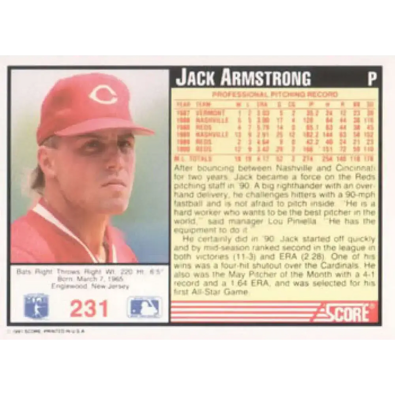 1991 Score #231 Jack Armstrong NM-MT Cincinnati Reds Baseball Card - Baseball Card Single