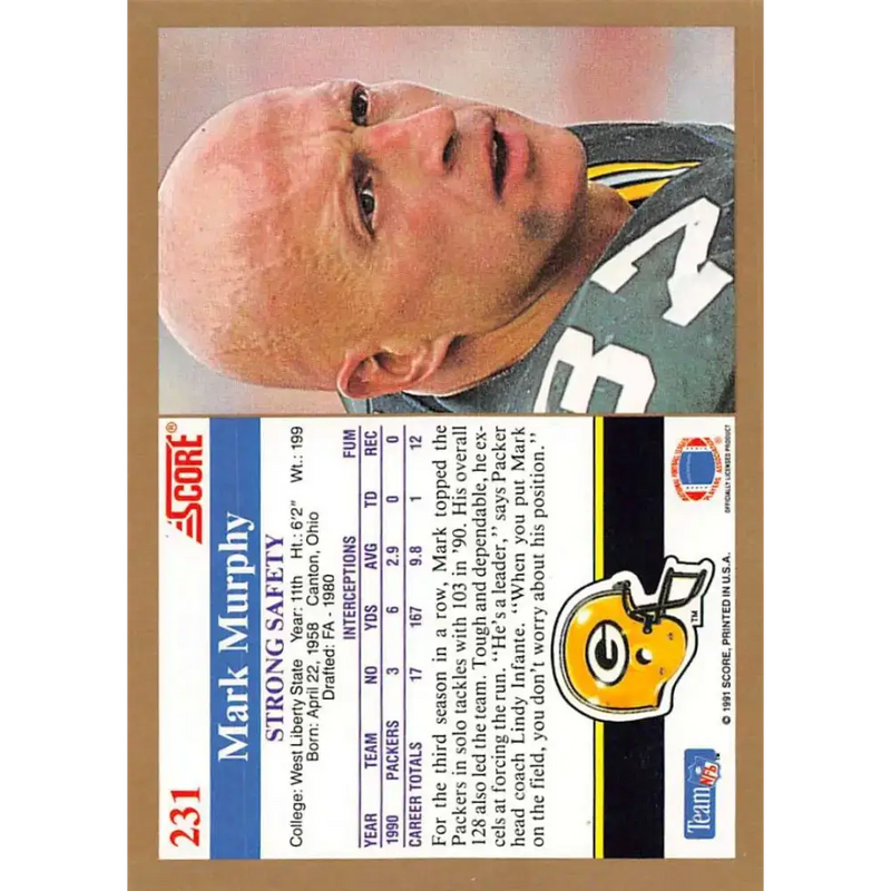1991 Score #231 Mark Murphy EX Excellent Green Bay Packers Football Card - Football Card Single