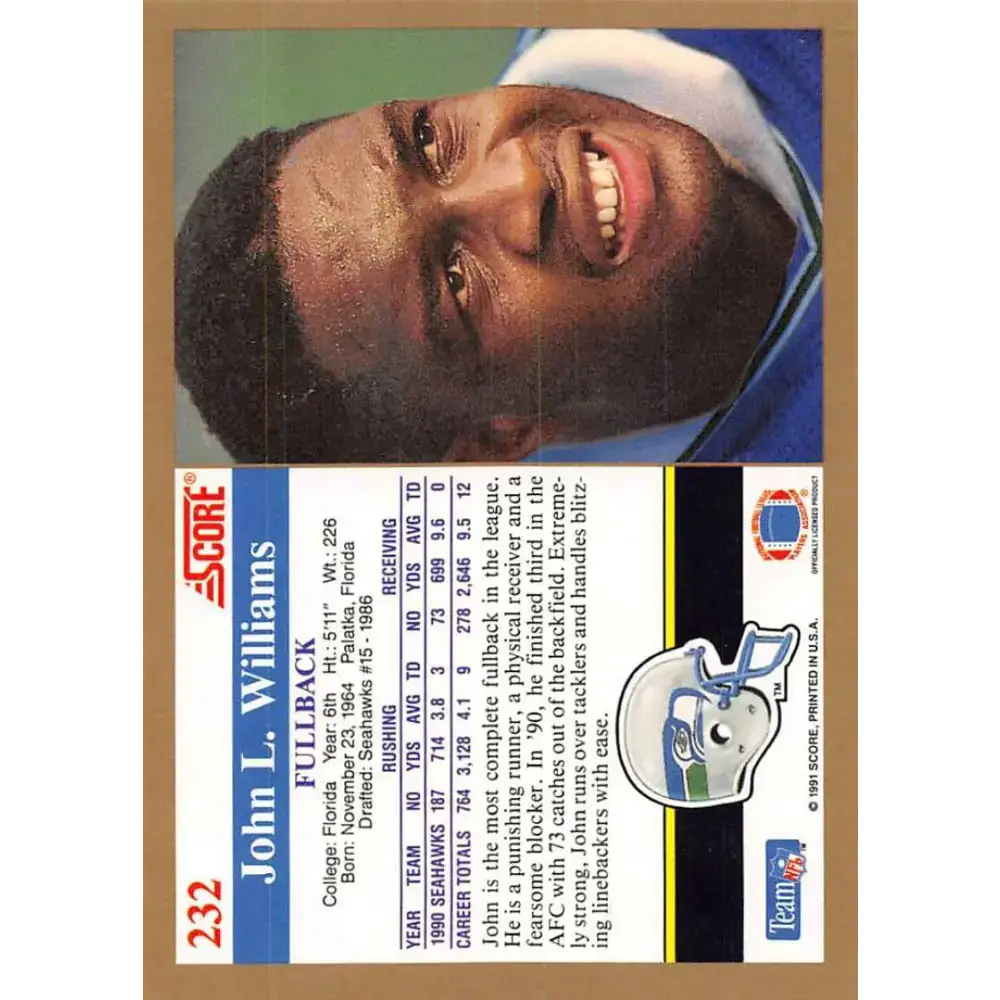 1991 Score #232 John L. Williams EX Excellent Seattle Seahawks Football Card - Football Card Single