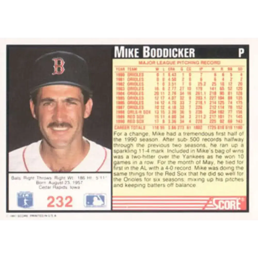 1991 Score #232 Mike Boddicker NM-MT Boston Red Sox Baseball Card - Baseball Card Single