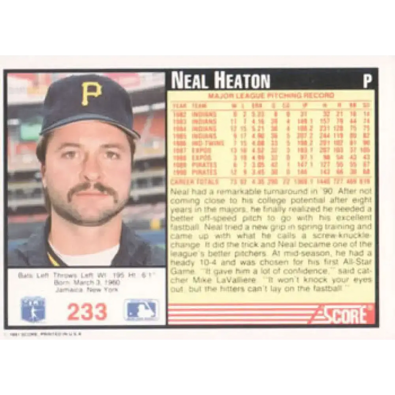 1991 Score #233 Neal Heaton NM-MT Pittsburgh Pirates Baseball Card - Baseball Card Single