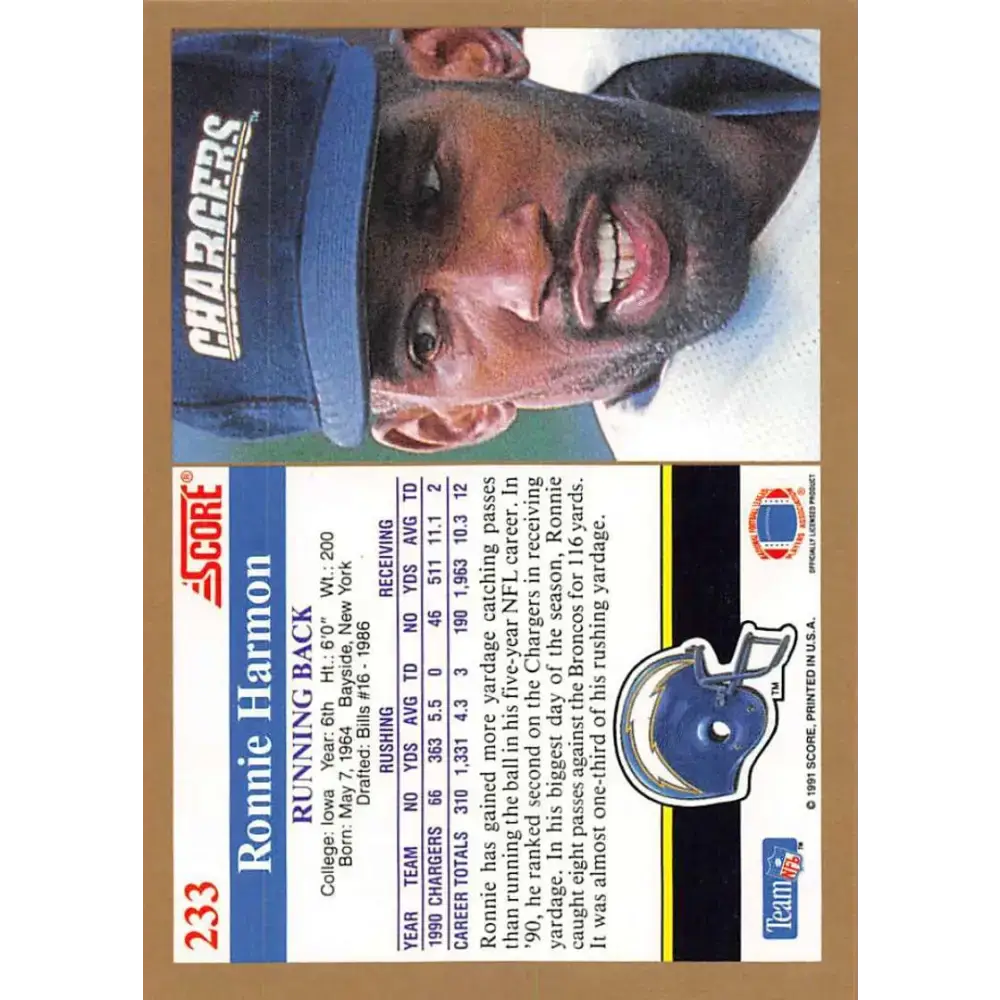 1991 Score #233 Ronnie Harmon EX Excellent San Diego Chargers Football Card - Football Card Single