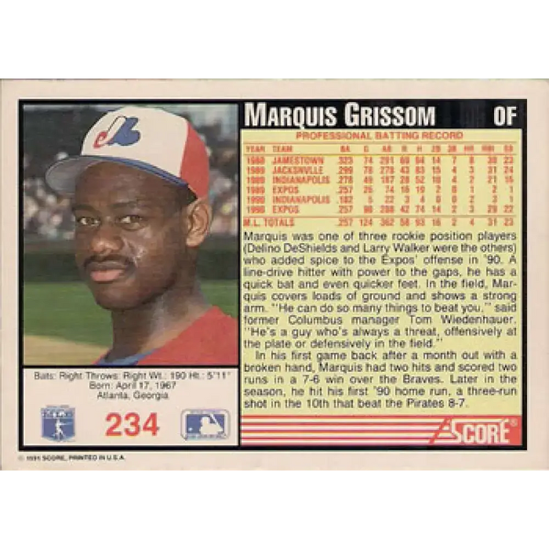 1991 Score #234 Marquis Grissom NM-MT Montreal Expos Baseball Card - Baseball Card Single