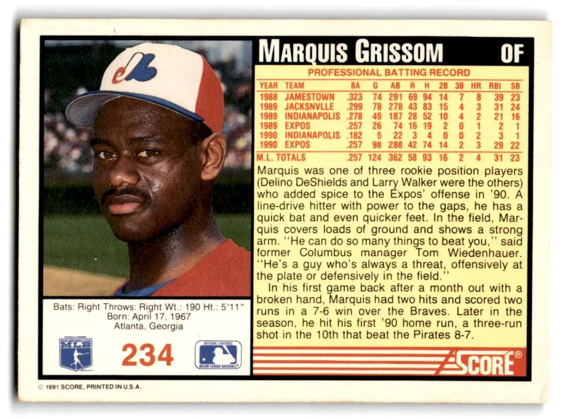 1991 Score #234 Marquis Grissom - Baseball Card Single