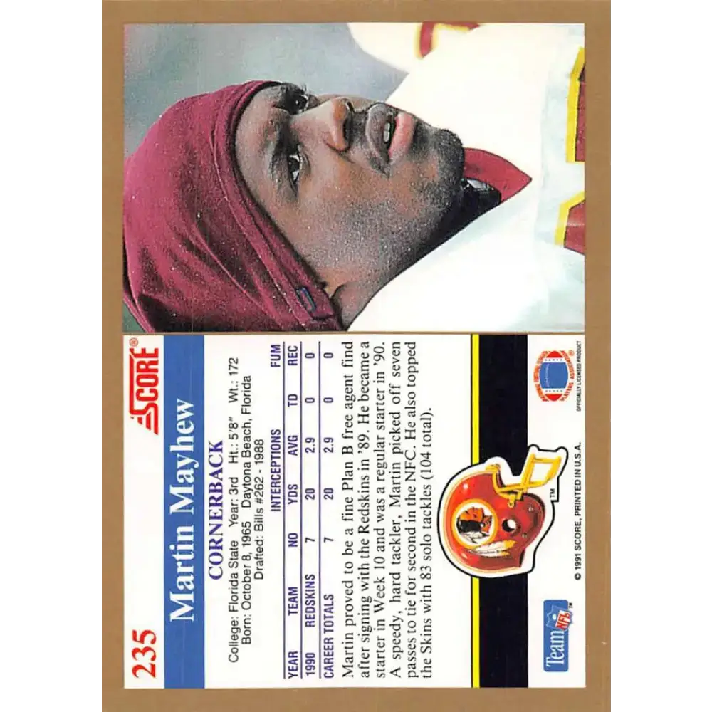 1991 Score #235 Martin Mayhew EX Excellent Washington Redskins Football Card - Football Card Single