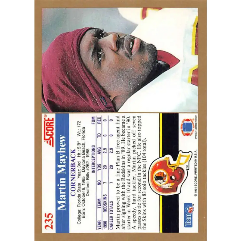 1991 Score #235 Martin Mayhew EX Excellent Washington Redskins Football Card - Football Card Single