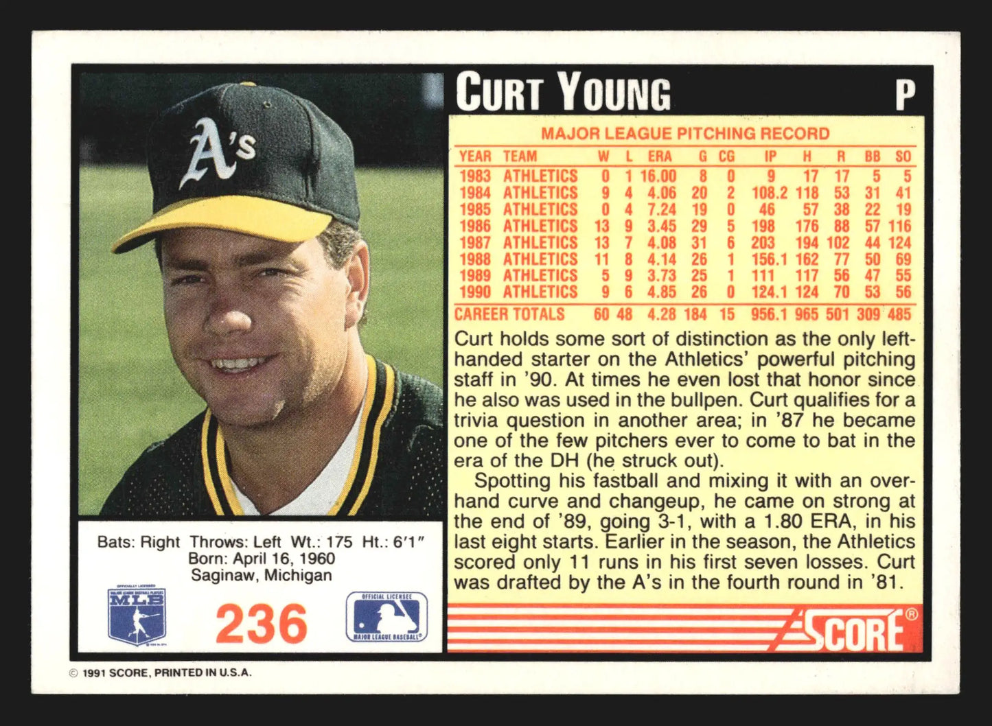 1991 Score #236 Curt Young Oakland Athletics - Baseball Card Single