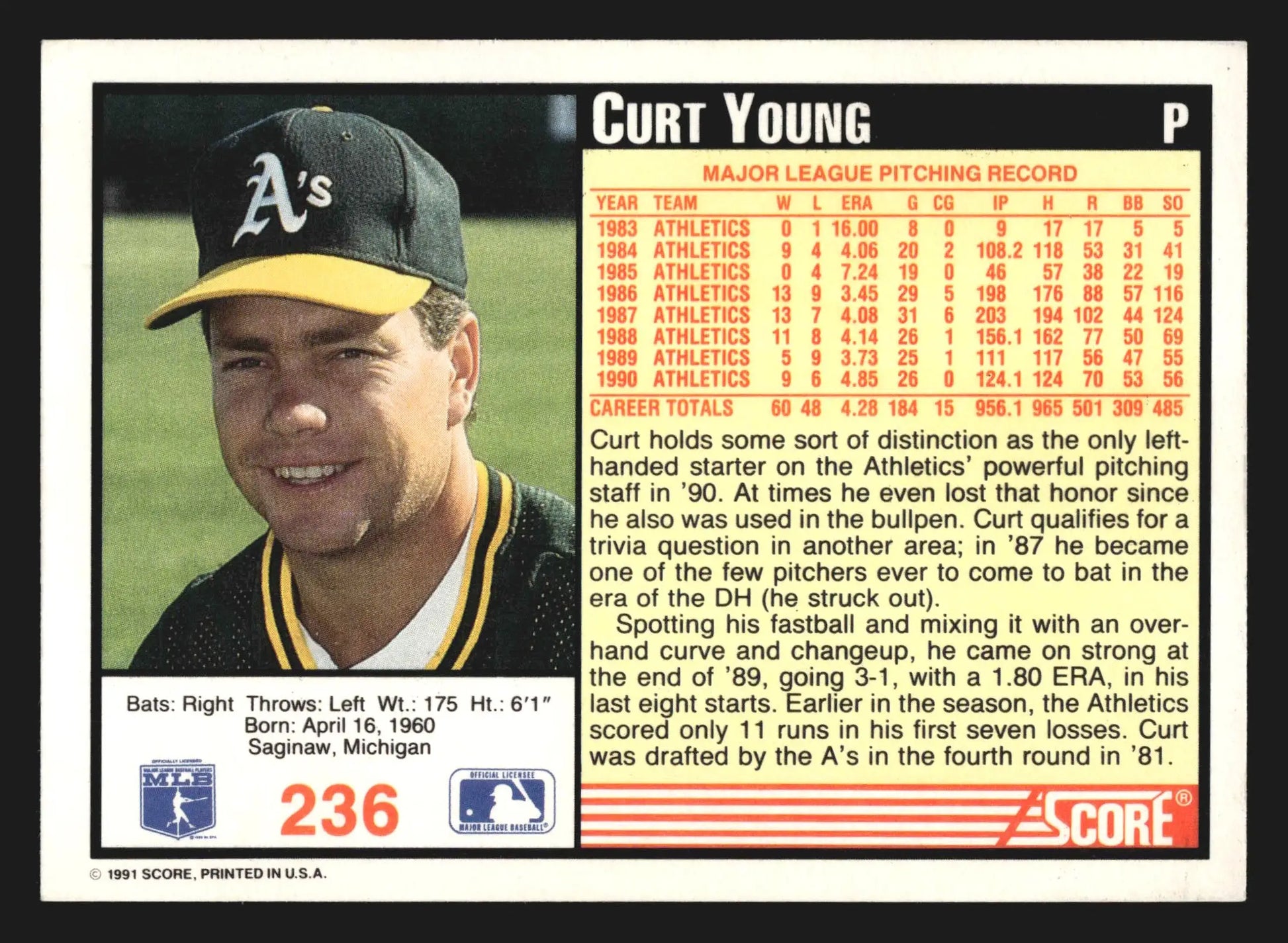 1991 Score #236 Curt Young Oakland Athletics - Baseball Card Single