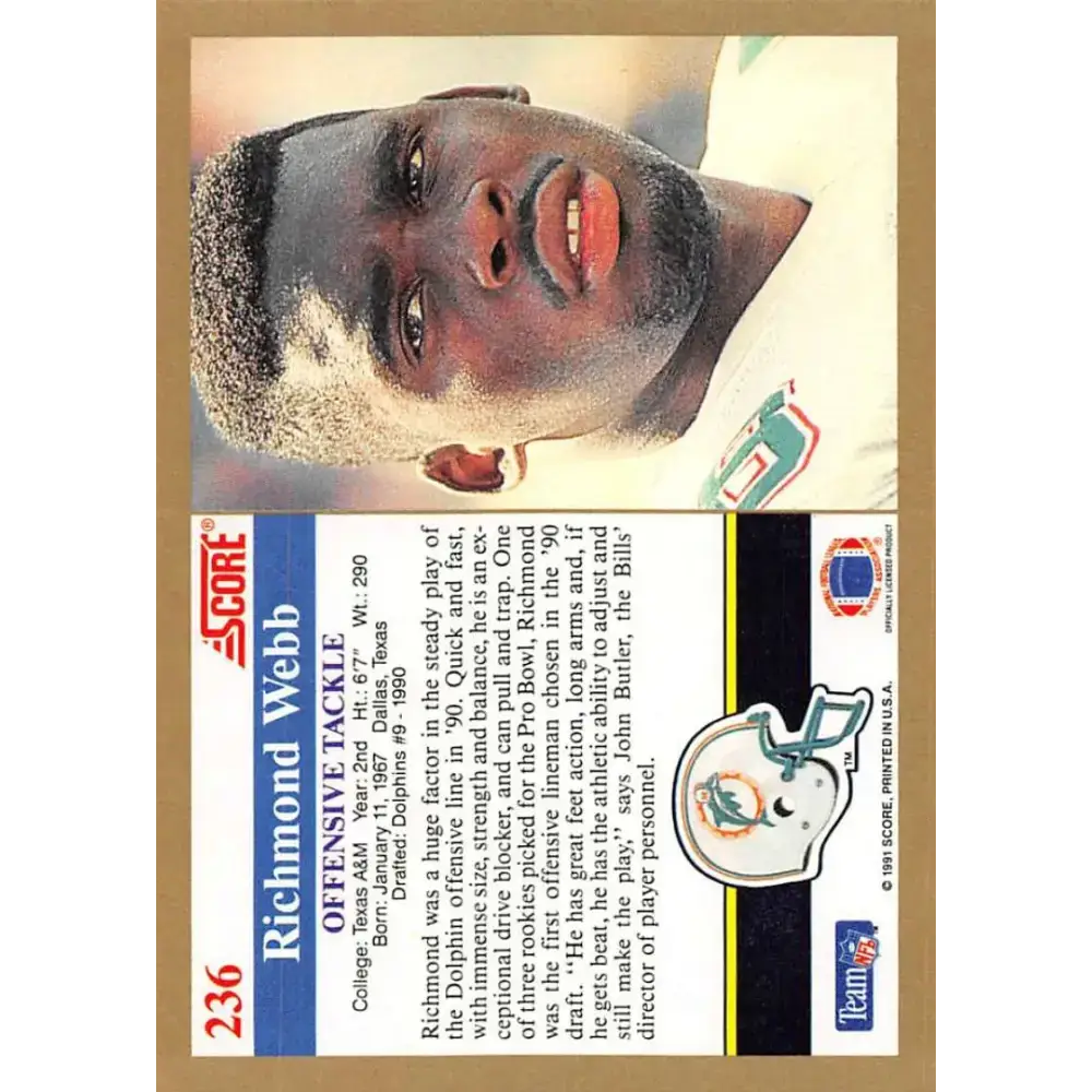 1991 Score #236 Richmond Webb EX Excellent Miami Dolphins Football Card - Football Card Single