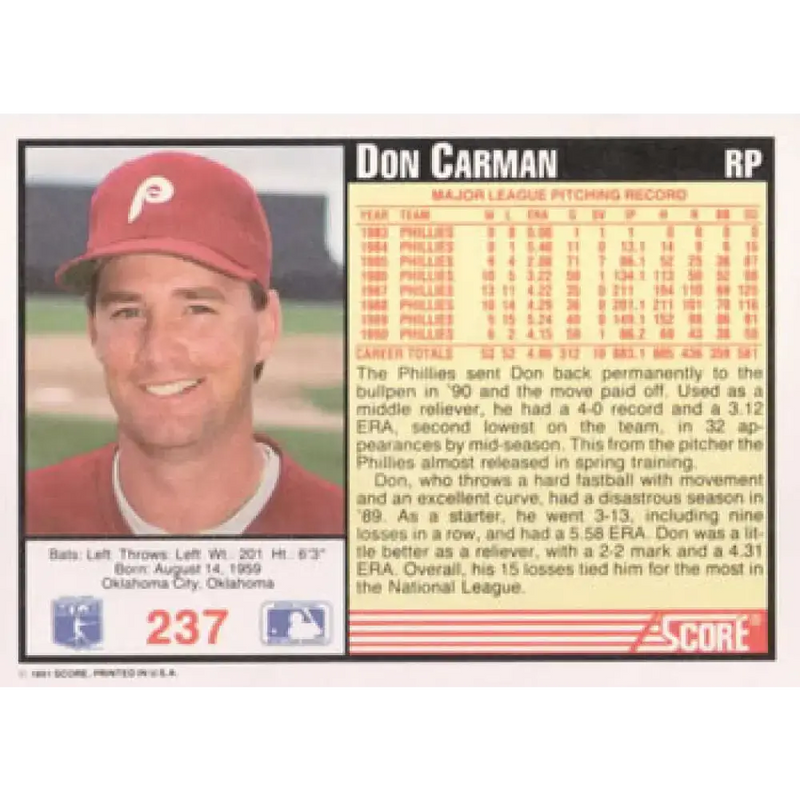 1991 Score #237 Don Carman NM-MT Philadelphia Phillies Baseball Card - Baseball Card Single