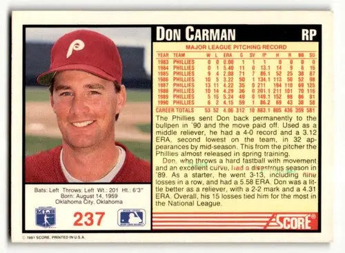 1991 Score #237 Don Carman Philadelphia Phillies Baseball Cards EX/N ID:55162 - Baseball Card Single