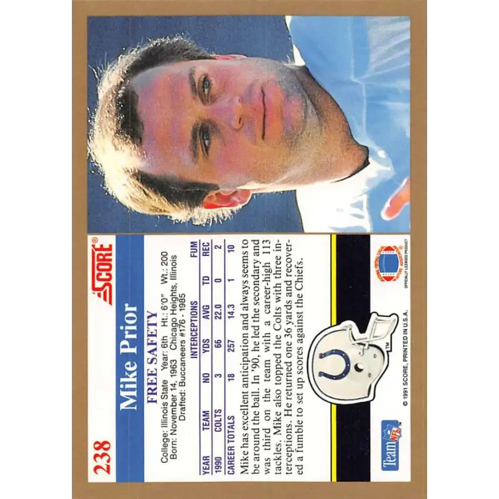 1991 Score #238 Mike Prior EX Excellent Indianapolis Colts Football Card - Football Card Single