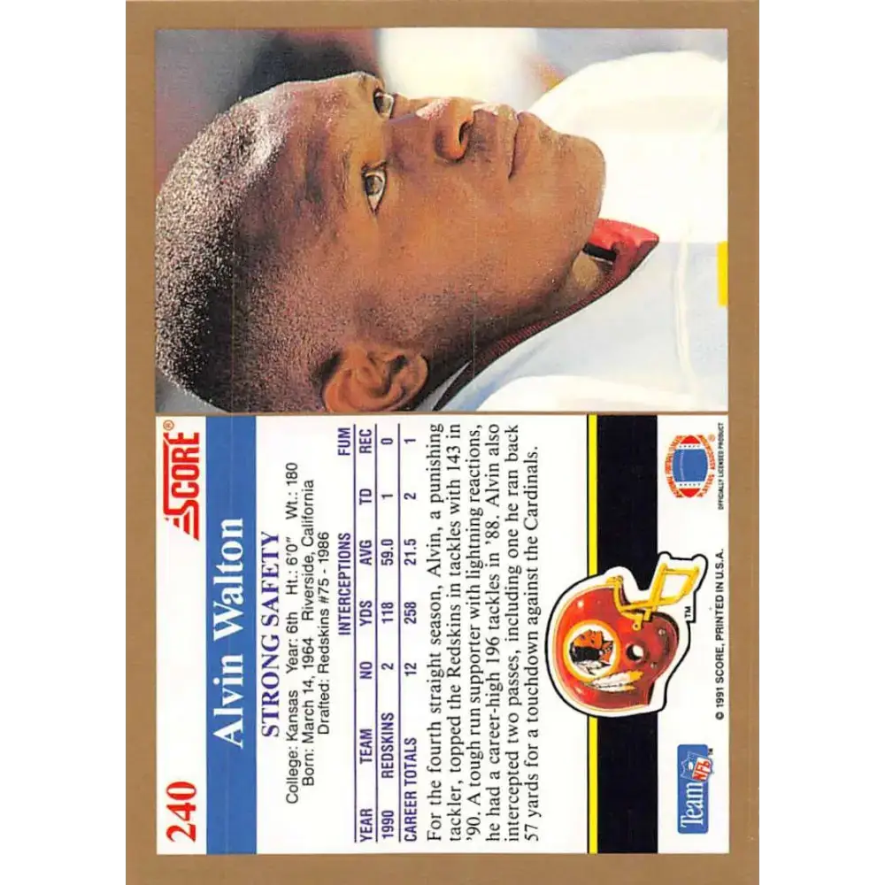 1991 Score #240 Alvin Walton EX Excellent Washington Redskins Football Card - Football Card Single