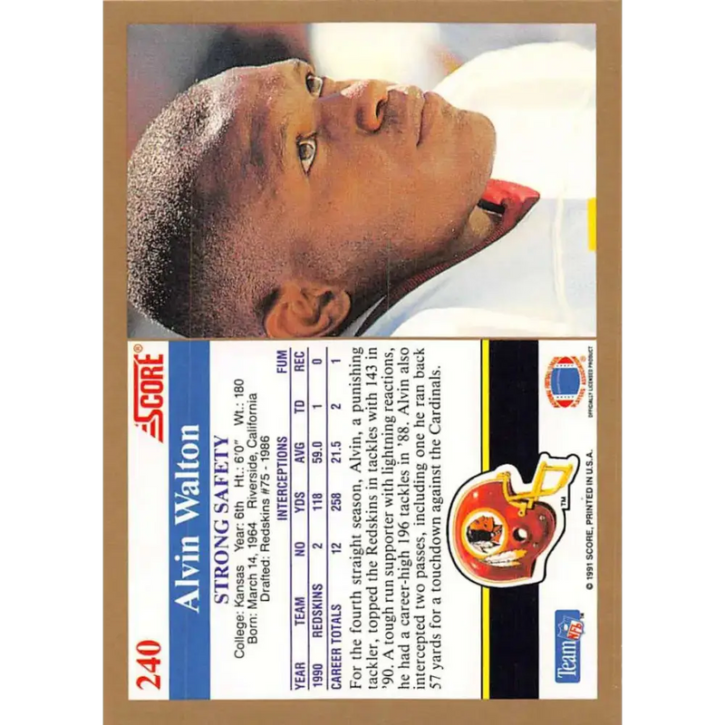 1991 Score #240 Alvin Walton EX Excellent Washington Redskins Football Card - Football Card Single