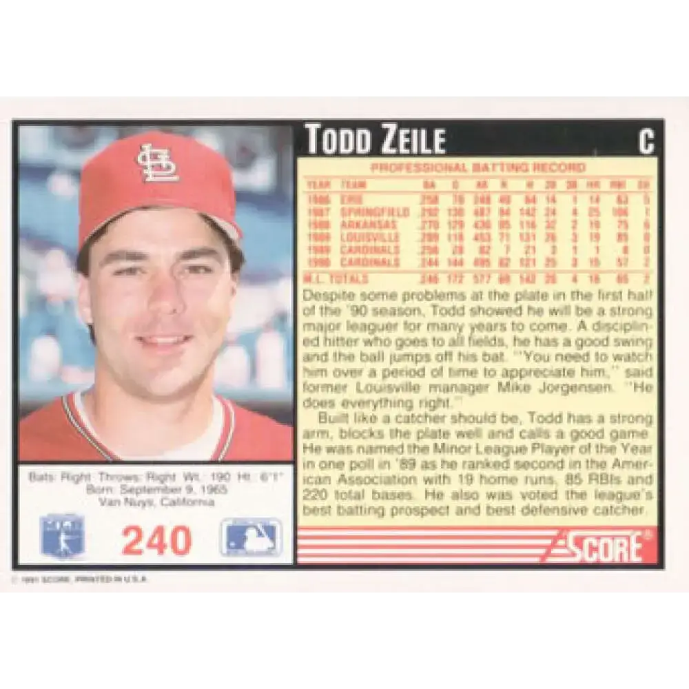 1991 Score #240 Todd Zeile NM-MT St. Louis Cardinals Baseball Card - Baseball Card Single