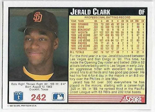 Original gloss 1991 Score Jerald Clark baseball card featuring Padres sports cards collection