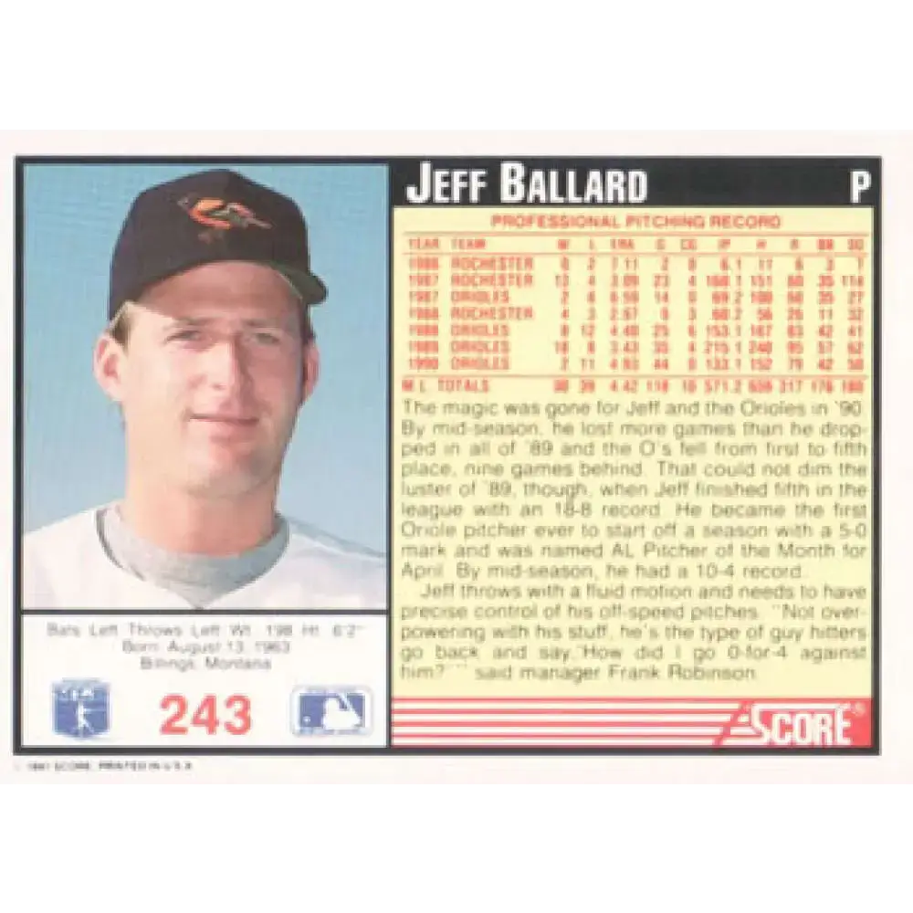1991 Score #243 Jeff Ballard NM-MT Baltimore Orioles Baseball Card - Baseball Card Single