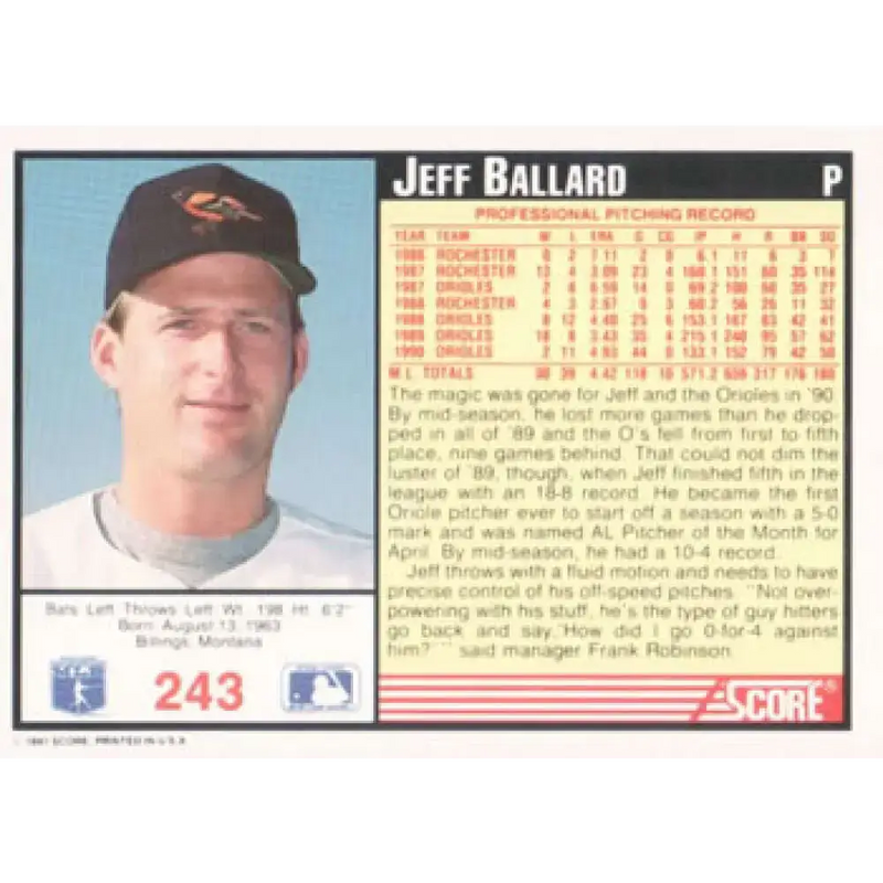 1991 Score #243 Jeff Ballard NM-MT Baltimore Orioles Baseball Card - Baseball Card Single