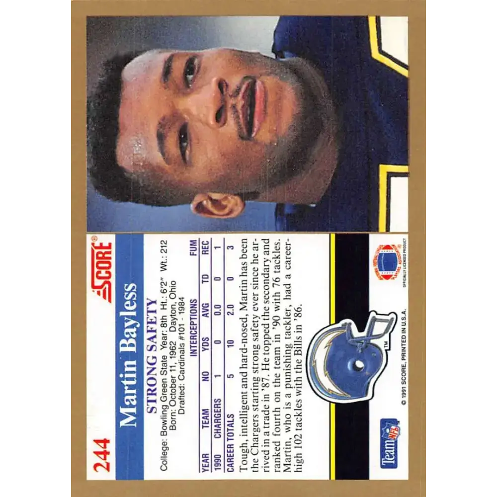 1991 Score #244 Martin Bayless EX Excellent San Diego Chargers Football Card - Football Card Single