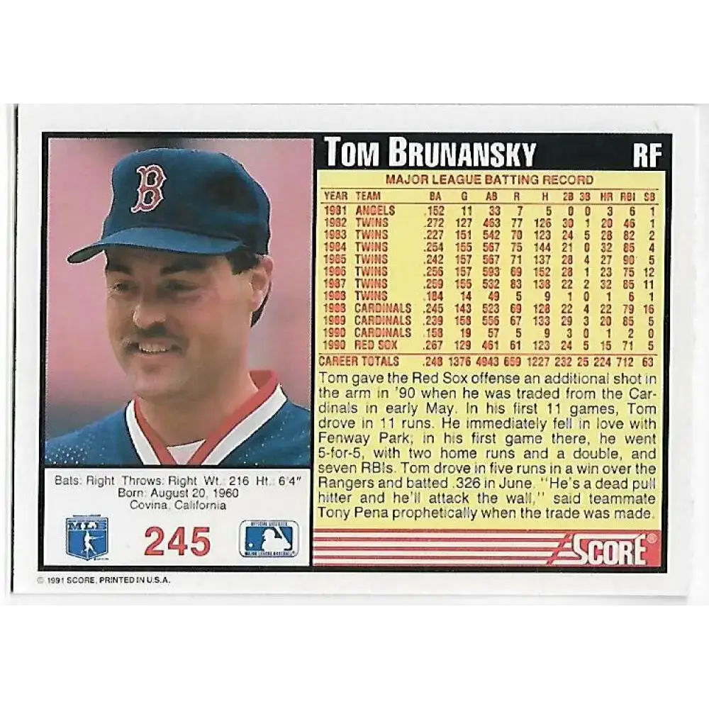 1991 Score #245 Tom Brunansky NM-MT Boston Red Sox Baseball Card - Baseball Card Single