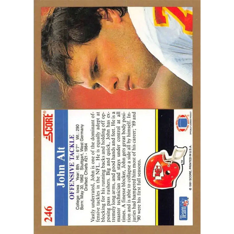 1991 Score #246 John Alt EX Excellent Kansas City Chiefs Football Card - Football Card Single