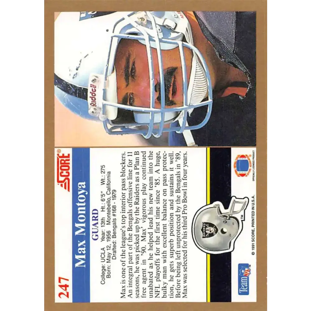 1991 Score #247 Max Montoya EX Excellent Los Angeles Raiders Football Card - Football Card Single