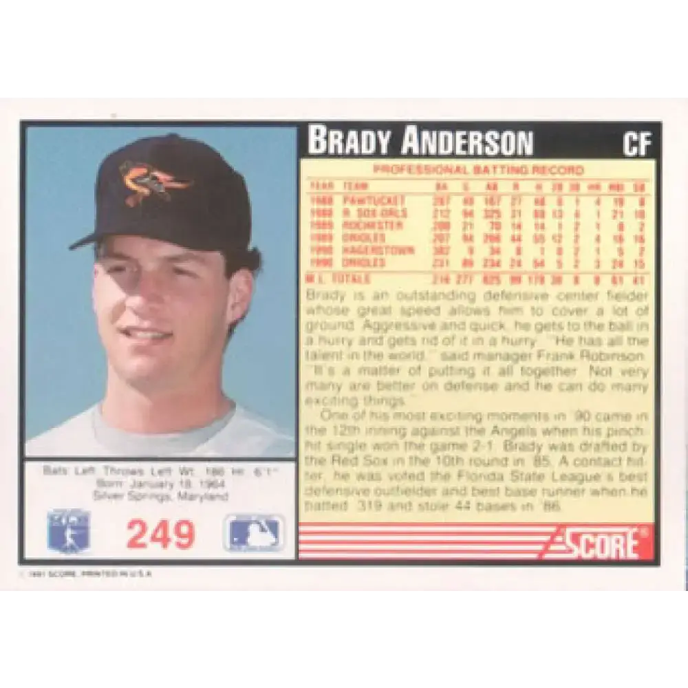 1991 Score #249 Brady Anderson UER NM-MT Baltimore Orioles Baseball Card - Baseball Card Single
