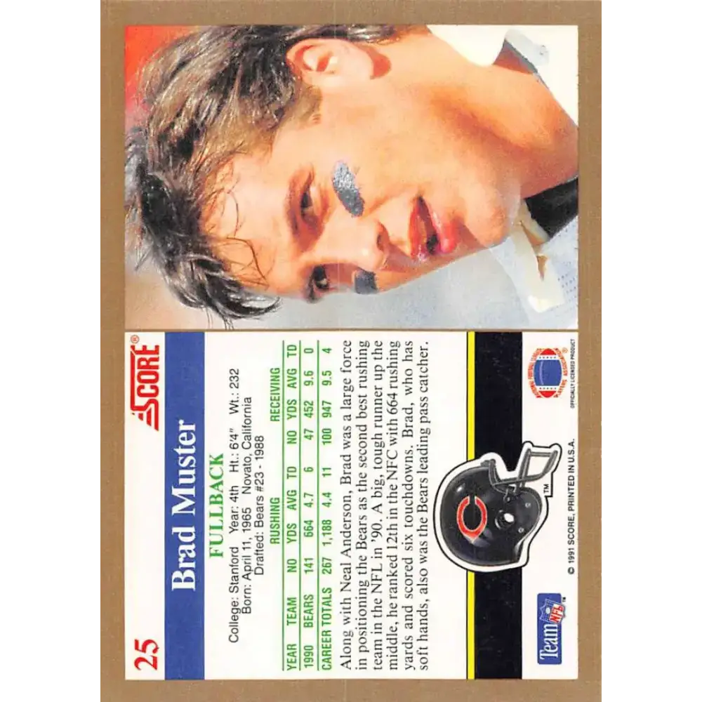 1991 Score #25 Brad Muster EX Excellent Chicago Bears Football Card - Football Card Single