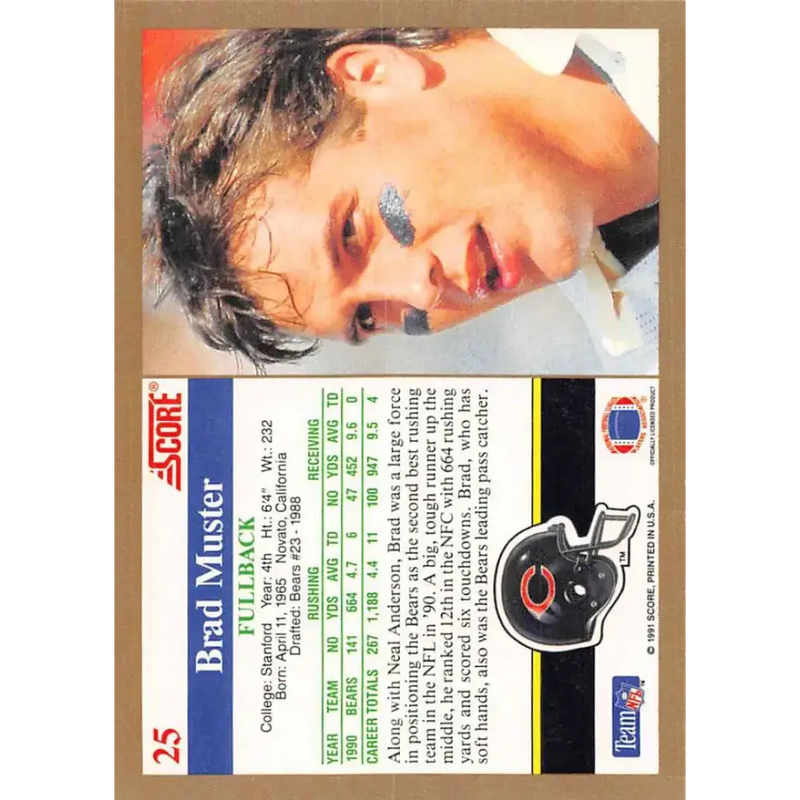 1991 Score #25 Brad Muster EX Excellent Chicago Bears Football Card - Football Card Single