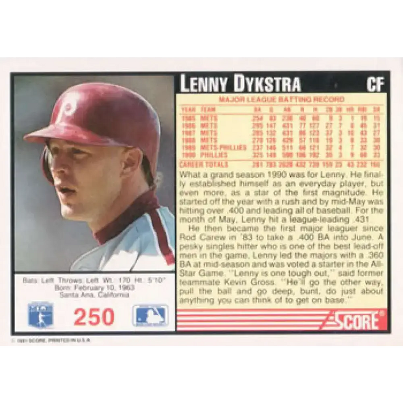 1991 Score #250 Lenny Dykstra NM-MT Philadelphia Phillies Baseball Card - Baseball Card Single