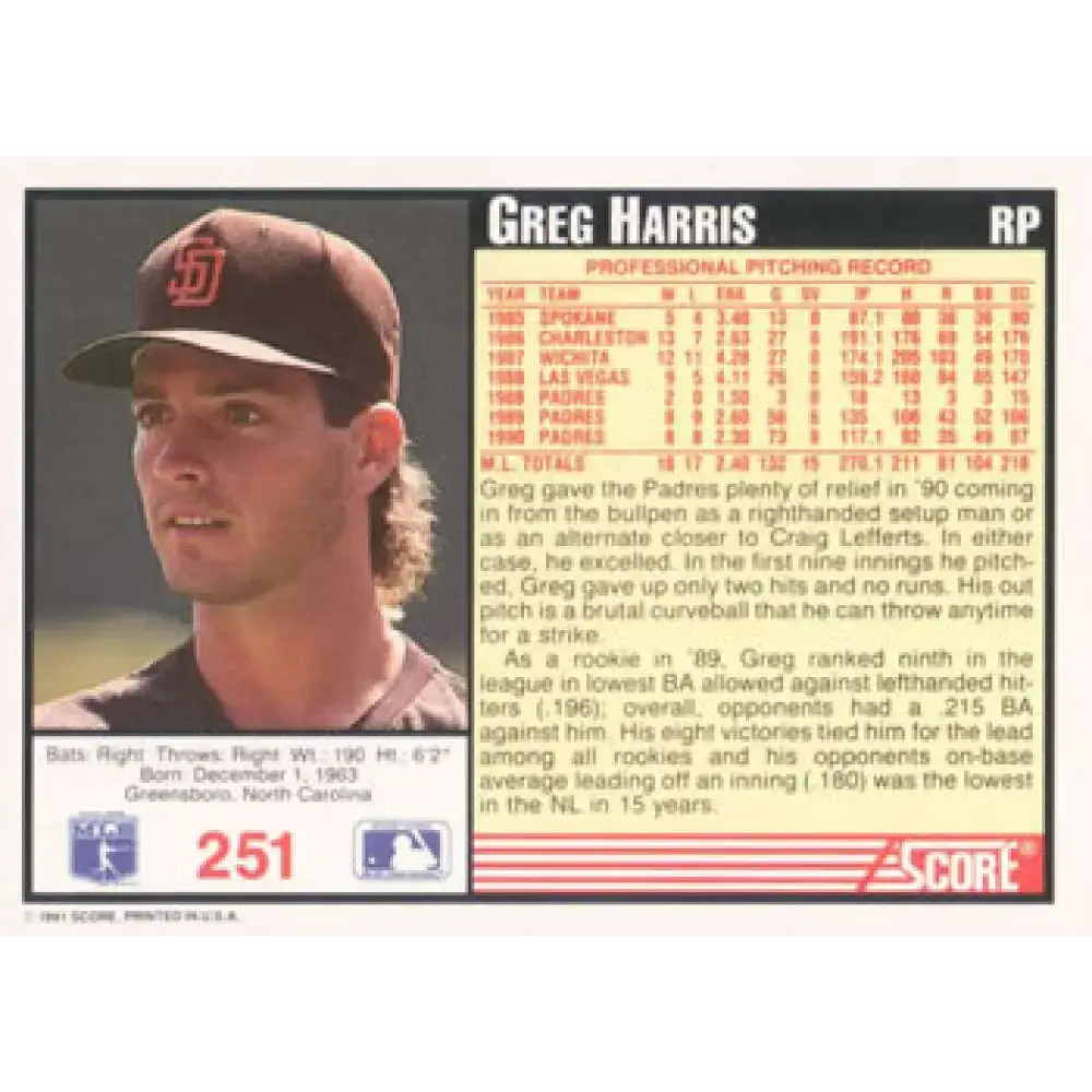 1991 Score #251 Greg Harris NM-MT San Diego Padres Baseball Card - Baseball Card Single