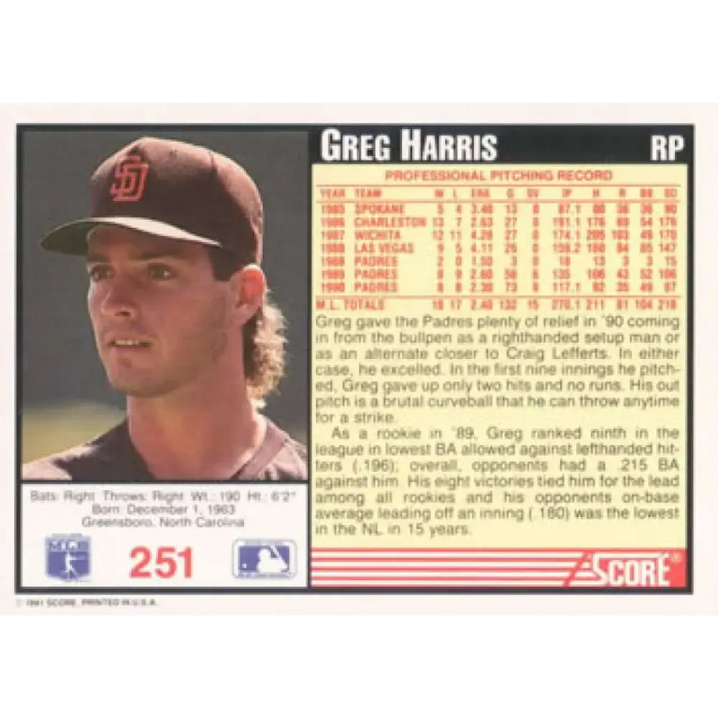 1991 Score #251 Greg Harris NM-MT San Diego Padres Baseball Card - Baseball Card Single