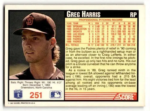 Greg Harris San Diego Padres baseball card from 1991 Score #251 with EX/NM condition