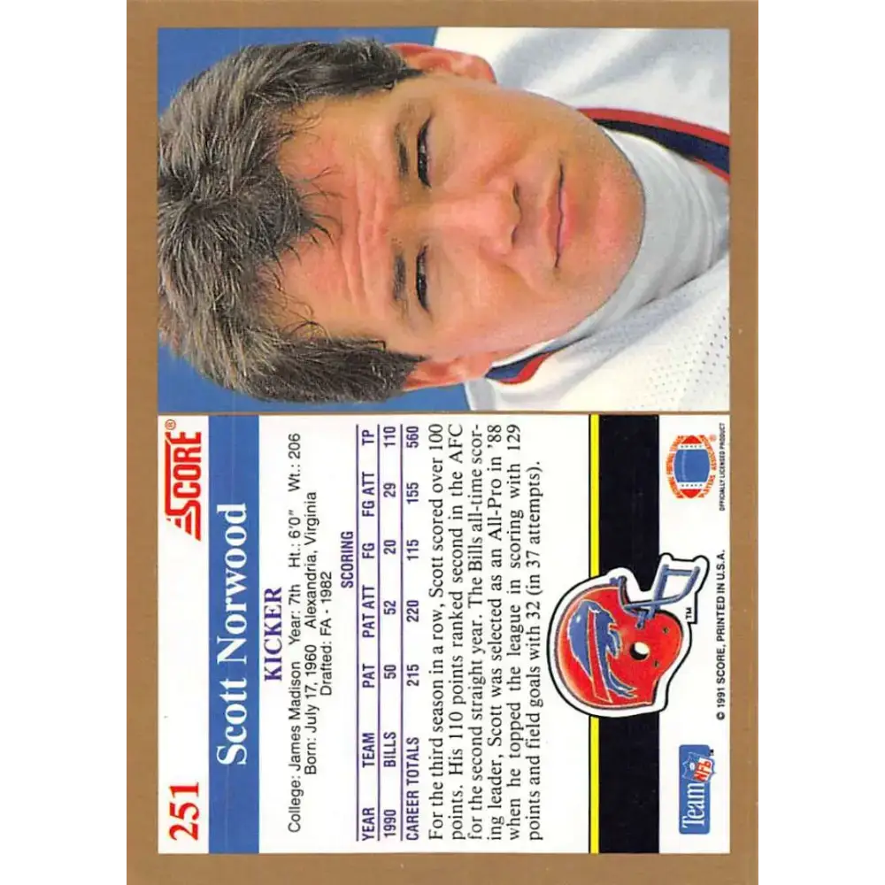 1991 Score #251 Scott Norwood EX Excellent Buffalo Bills Football Card - Football Card Single