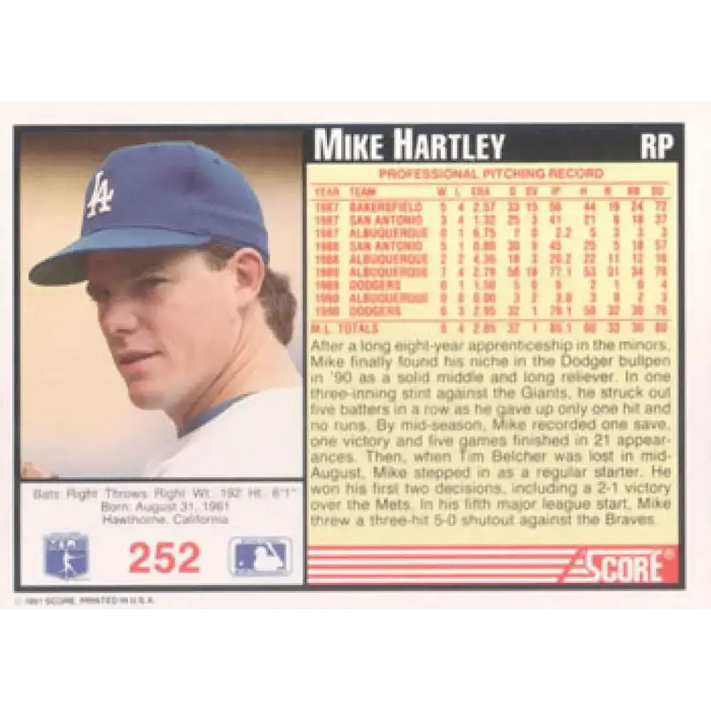 1991 Score #252 Mike Hartley NM-MT Los Angeles Dodgers Baseball Card - Baseball Card Single