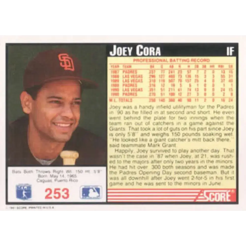 1991 Score #253 Joey Cora NM-MT San Diego Padres Baseball Card - Baseball Card Single