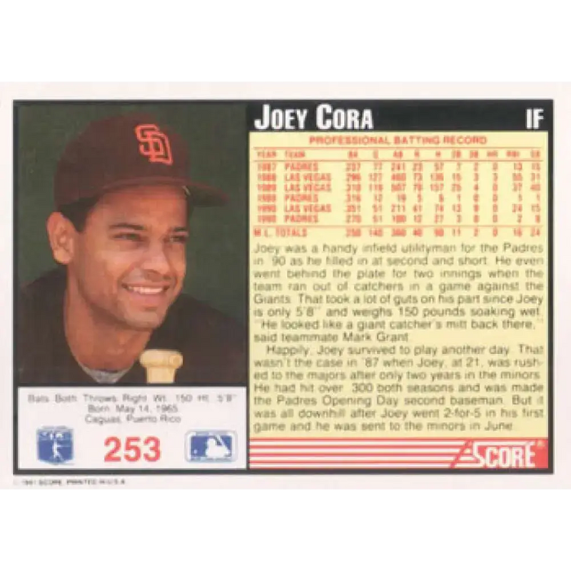 1991 Score #253 Joey Cora NM-MT San Diego Padres Baseball Card - Baseball Card Single