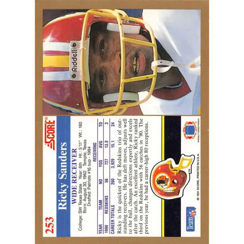 1991 Score #253 Ricky Sanders EX Excellent Washington Redskins Football Card - Football Card Single