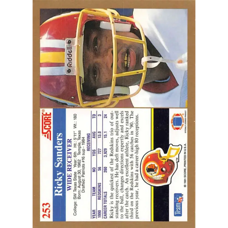 1991 Score #253 Ricky Sanders EX Excellent Washington Redskins Football Card - Football Card Single