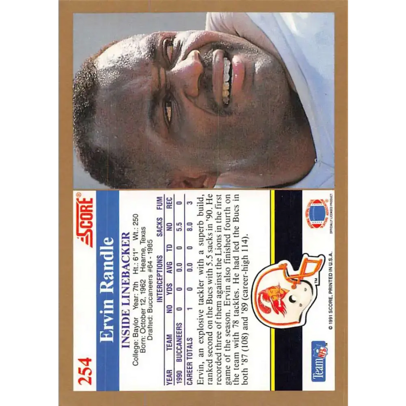 1991 Score #254 Ervin Randle EX Excellent Tampa Bay Buccaneers Football Card - Football Card Single