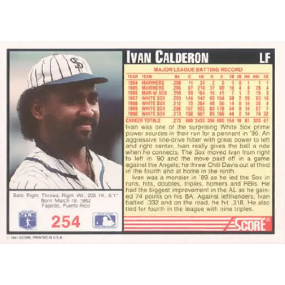 1991 Score #254 Ivan Calderon NM-MT Chicago White Sox Baseball Card - Baseball Card Single