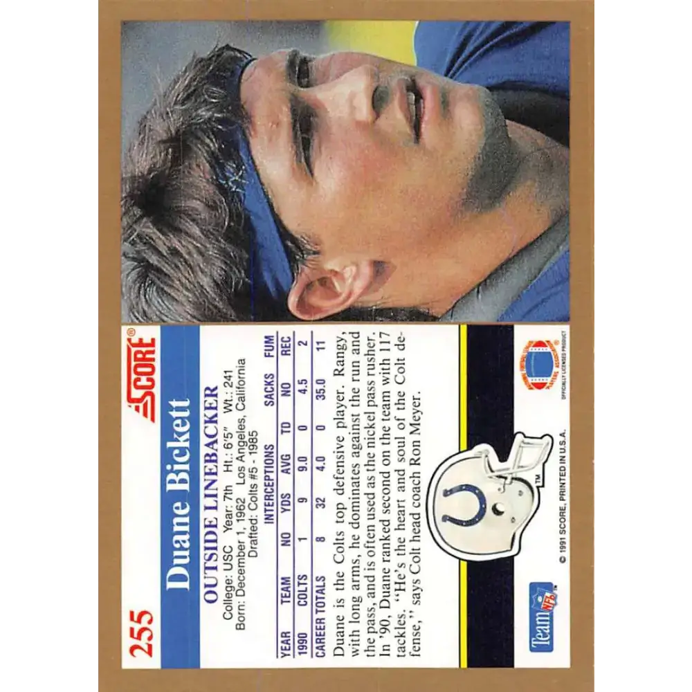 1991 Score #255 Duane Bickett EX Excellent Indianapolis Colts Football Card - Football Card Single