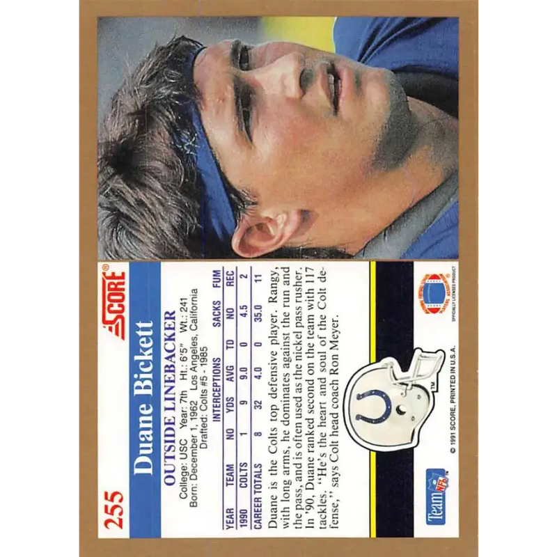 1991 Score #255 Duane Bickett EX Excellent Indianapolis Colts Football Card - Football Card Single