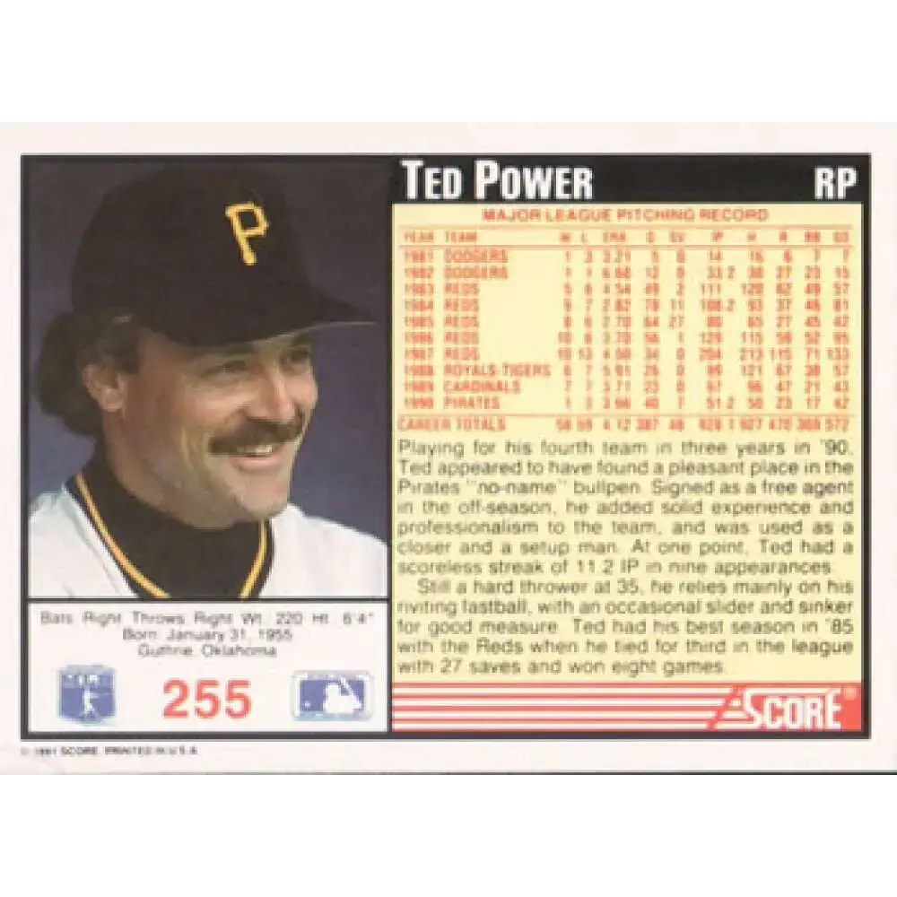 1991 Score #255 Ted Power NM-MT Pittsburgh Pirates Baseball Card - Baseball Card Single