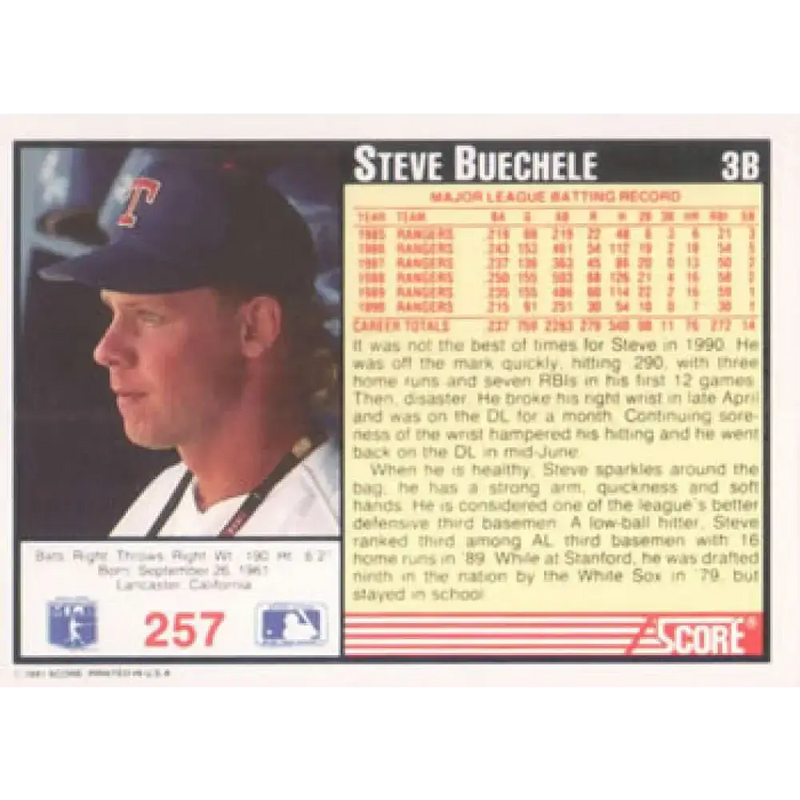 1991 Score #257 Steve Buechele NM-MT Texas Rangers Baseball Card - Baseball Card Single